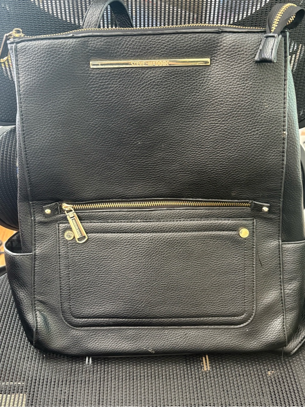 Steve Madden Black Pebbled Leather Backpack with Gold Accents